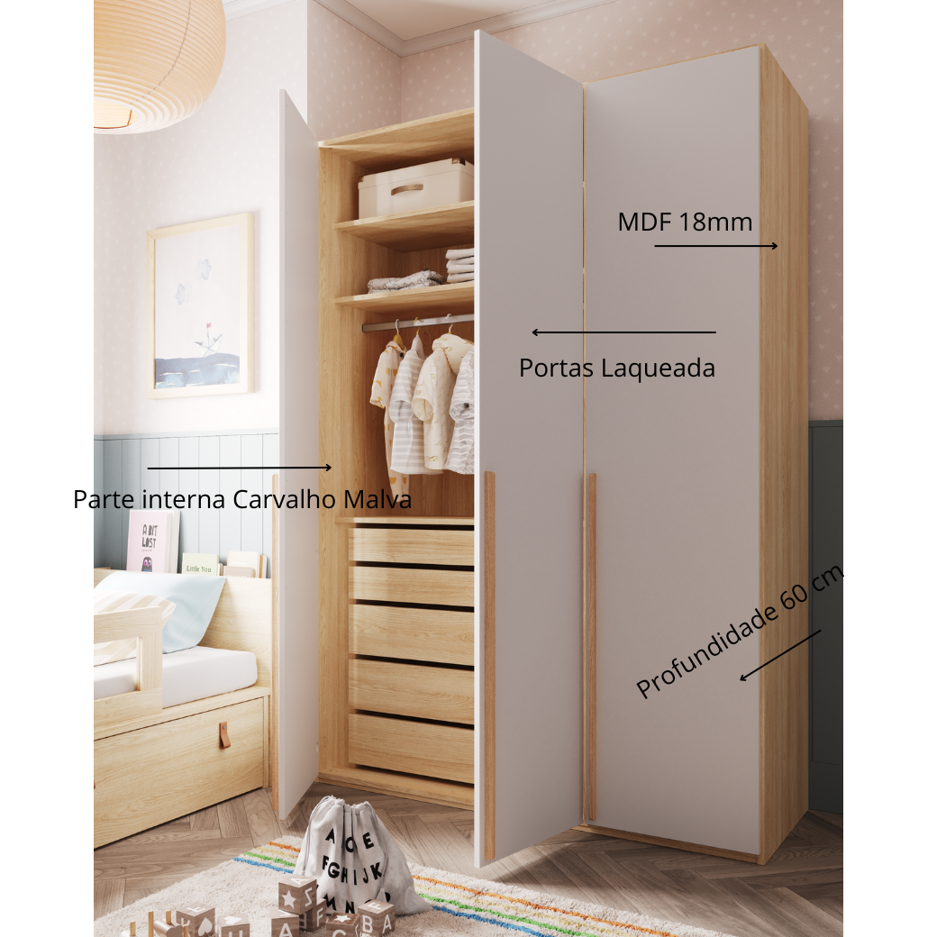 Guarda Roupa Solteiro 3 Portas de Mdf 18mm Quater Linha Join - 5