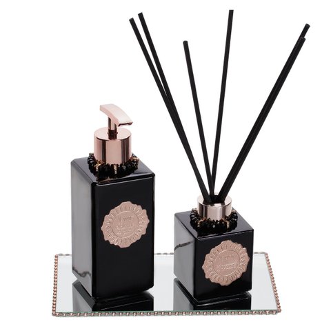 Kit Lavabo 3 Produtos Vidros Pretos Enfeites Rosé Gold - Fragrância: Arte(x) - X
