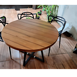 Mesa de Jantar Redonda 110cm em Madeira Maciça Estilo Industrial 6 Lugares Marcenariapontochic - 4