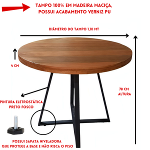 Mesa de Jantar Redonda 110cm em Madeira Maciça Estilo Industrial 6 Lugares Marcenariapontochic