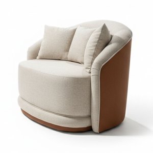 Poltrona Ametista Fixa Tecido Linho Cru e Marrom Terracota