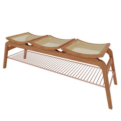 Banco Ricco 3 Lugares Madeira com Assento Palhinha e Apoio de Calçados Amêndoa