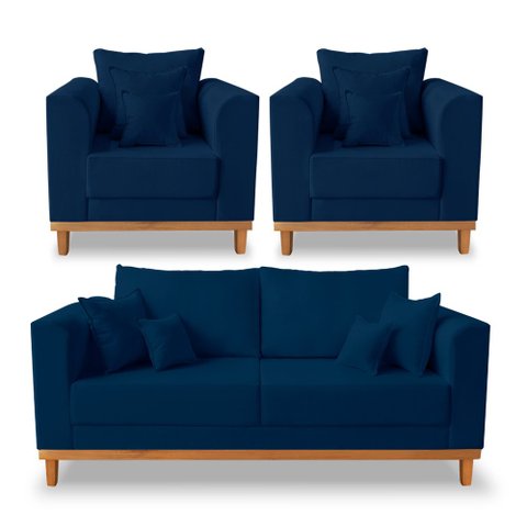 Kit Sofá 3 Lugares e 2 Poltronas Beny Viena Suede Azul - Madeira Prima Deccor