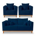 Ver imagem 1 de Kit Sofá 3 Lugares e 2 Poltronas Beny Viena Suede Azul - Madeira Prima Deccor