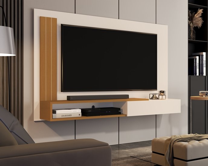 Painel Tv Smart Luxo até 55 P Math com Porta Cor Off White / Nature- Jm Casa Dos Moveis - 1