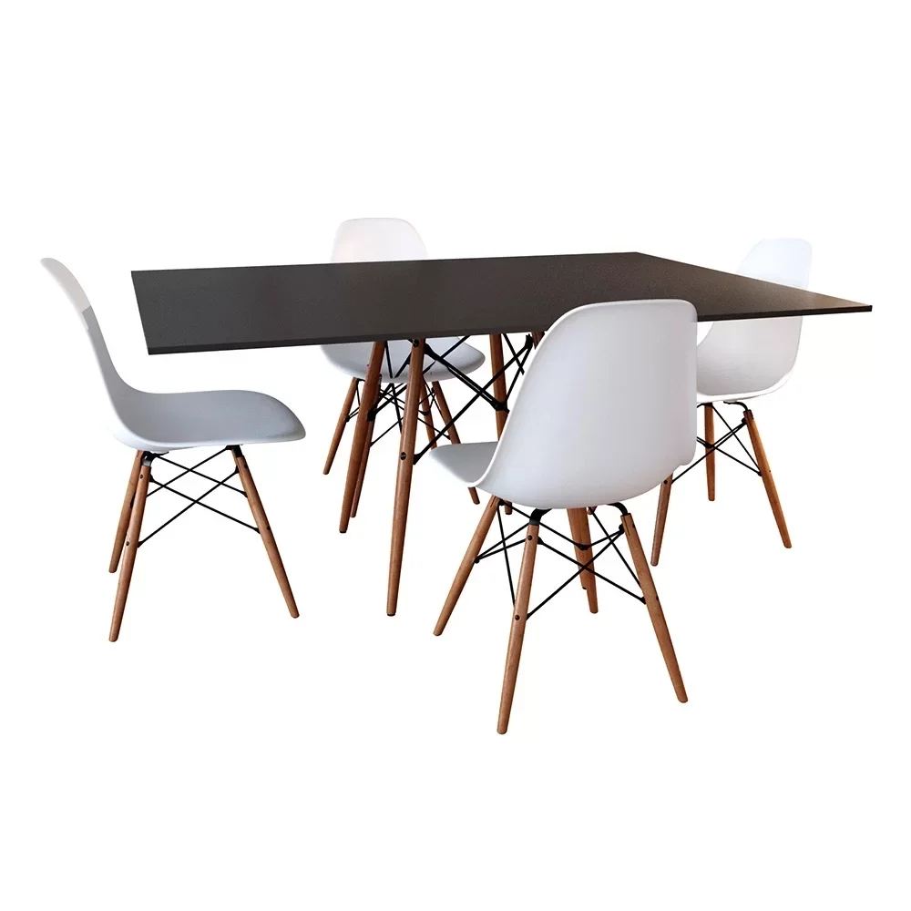 Ver imagem 2 de Conjunto De Mesa Eames Eiffel Retangular 120x75 Tampo De Madeira Preto Com 4 Cadeiras Brancas