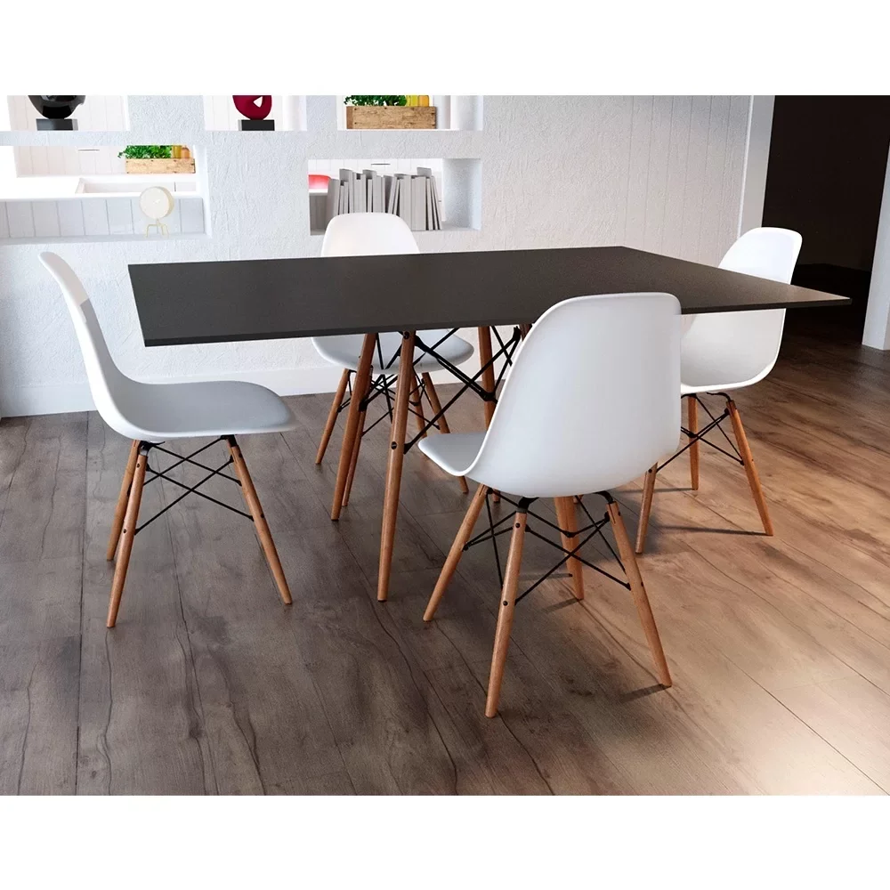 Conjunto De Mesa Eames Eiffel Retangular 120x75 Tampo De Madeira Preto Com 4 Cadeiras Brancas