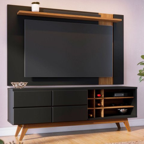Rack com Painel para TV Até 70 Polegadas Noronha 2 Portas 3 Prateleiras Preto Fosco/Noce Milano - Co