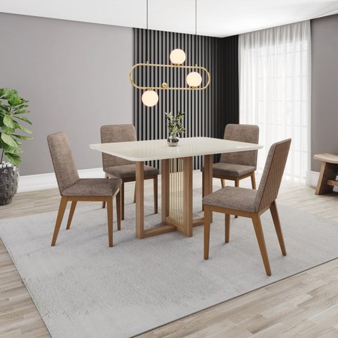 Conjunto Sala Jantar Mesa Natalí 120cm Canto Arredondado com Vidro 4 Cadeiras Pietra Off White/Nature/Caramelo/Cacao