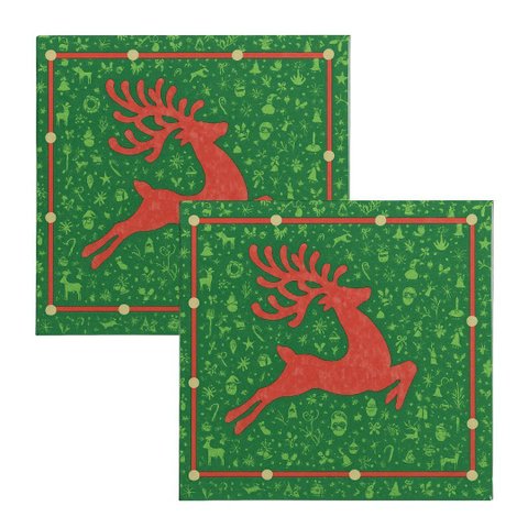 Kit Guardanapo de Natal Estampado Rena Verde e Vermelho 25x25cm Folha Dupla Prime 40 Unidades