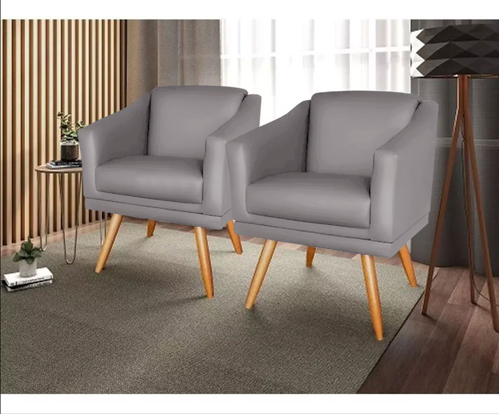 Kit 2 Poltronas para Sala Recepção Escritório Consultório Suede Cinza