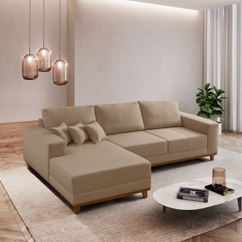 Sofá Fixo com Chaise 2,5m Cronos Linho com Molas Lado Esquerdo Meu Sofá Online
