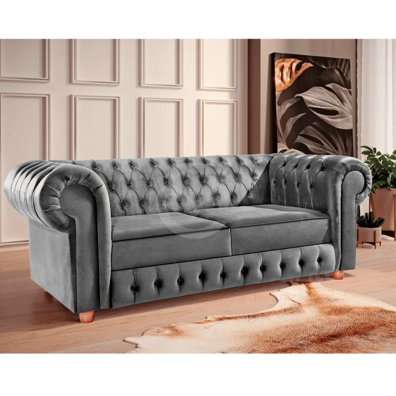 Namoradeira Chesterfield Bourbon 3 Lugares Via Encanto Veludo Cinza Claro - 2