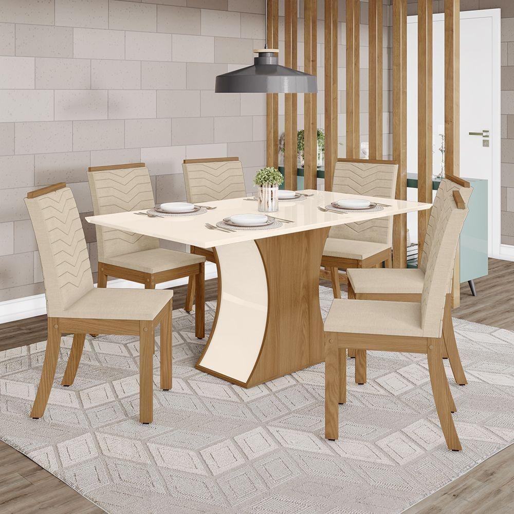 Conjunto Mesa de Jantar Bennett com 6 Cadeiras de Madeira Linho Off White –  Homedock