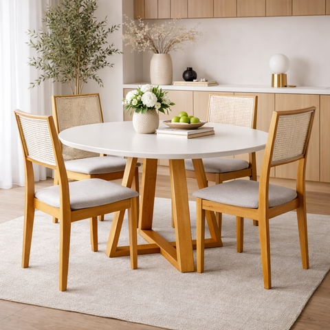 Mesa Redonda 4 Lugares Madeira Maciça Off White Modelo Pérola