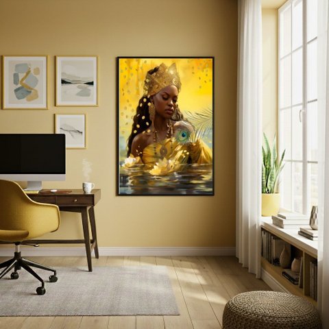 Quadro Orixá Oxum Moedas de Ouro - 70x50cm:moldura Preta