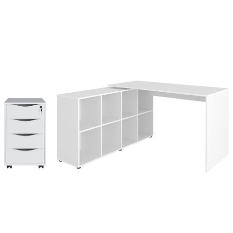 Mesa Escrivaninha em L Eron e Gaveteiro com Rodízios Mity A06 Branco - Mpozenato