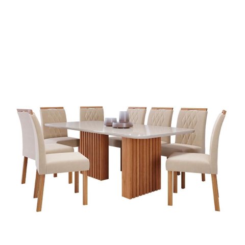 Mesa de Jantar Tampo de Vidro Off White Ester 2,10 com e 8 Cadeiras Juliana Cinamomo/madeira/nude