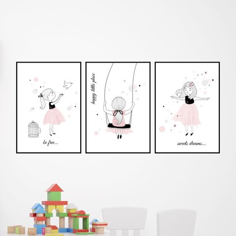 Kit 3 Quadros Menina, Balanço e Pássaro 24x18cm - com vidro:Madeira preta