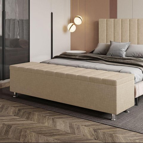 Calçadeira Baú Recamier Estofado Casal 140 Cm Ônix Linho Bege