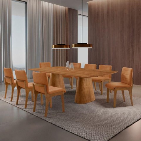 Sala de Jantar Noronha 8 Lugares Barril Cadeiras Bella Caramelo e Off 220cm Mobillare