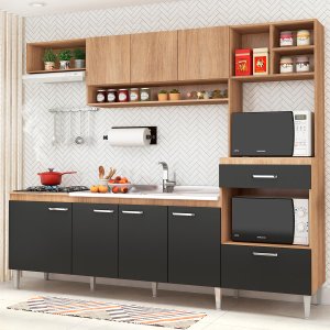 Cozinha Inova 240x192 Cm Balcão Pia Cooktop Armário Nicho Forno MDP Carvalho Grafite - ClickLar