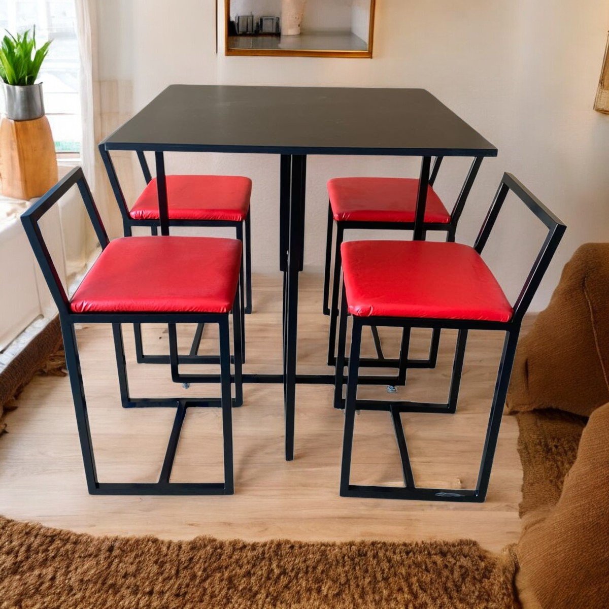 Conjunto Mesa Industrial Preto Cadeira Confort Estofado:vermelho