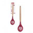 Ver imagem 2 de Colher Vazada de Silicone Vermelho Cabo Madeira 32 Cm - Well