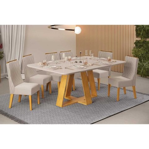 Sala de Jantar Completa Celeste C/ Tampo Madeirado C/ Vidro Curvo 160x90cm e 6 Cadeiras Jade Cedro/
