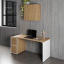 Ver imagem 1 de Mesa Escrivaninha 1,5m C/ Balcão e Armário Aéreo 2 Portas F5 Cor:macadâmia com Branco