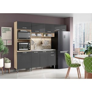 Cozinha Compacta + Balcão sem Tampo para Pia Atenas Avena/ Grafito - Aramóveis