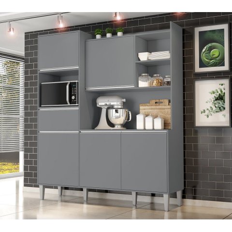 Cozinha Compacta Kit Isabel 5 Portas 1 Gaveta e Nicho P/ Microonda - Cinza Ajl