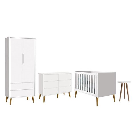 Dormitório Completo Infantil Theo 2 Portas, Cômoda 6 Gavetas, Berço e Mesa de Canto Branco Fosco com