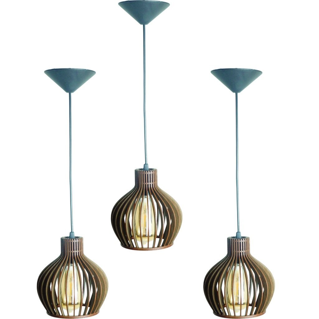 Kit 3 Pendente Luminária de Teto Rússia PP (18x18cm) Madeira Rústico