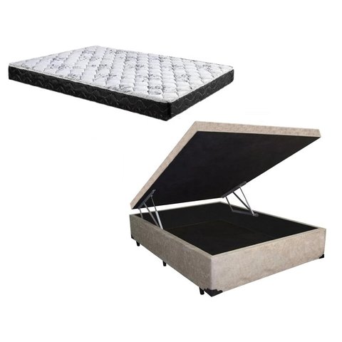 Cama Baú Casal Bege Suede + Colchão Espuma D33 138x188x8