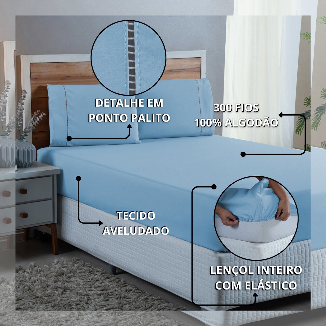 Conjunto Lençol Casal Ponto Palito 300 Fios com Elástico 3 Peças:azul Piscina - 7