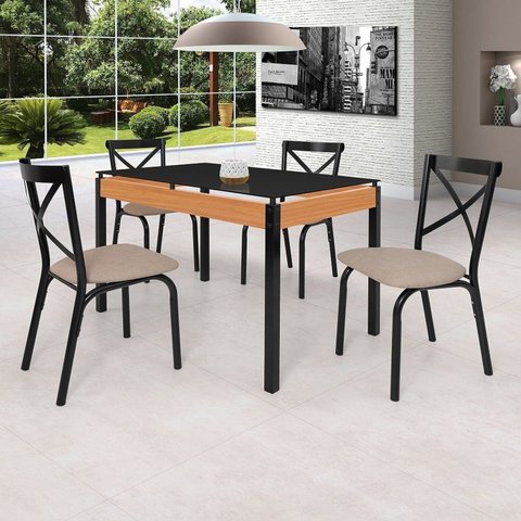 Conjunto Sala de Jantar Mesa 120cm x 77cm Tampo Vidro com 4 Cadeiras Karina Preto/Fosco/Bege
