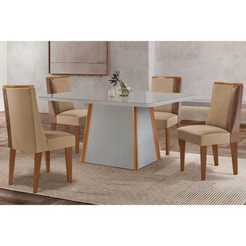 Conjunto Sala de Jantar Tilia C/ Tampo Madeirado C/ Vidro Canto Curvo 120x80cm e 4 Cadeiras Tilia