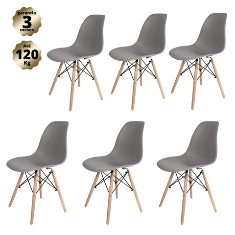 Kit com 6 Cadeiras Eames Cinza - Base Madeira Natural