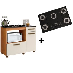 Kit Balcão para Cooktop Violeta Nature Off White e Fogão Cooktop Ultra Chama 5 Bocas Preto
