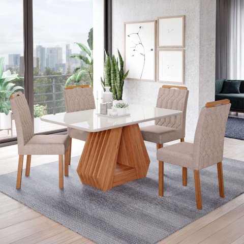 Sala de Jantar 4 Lugares Tampo de Vidro 130 cm Vittória Cadeiras Madeira Maciça Cinamomo/Bege - Pano
