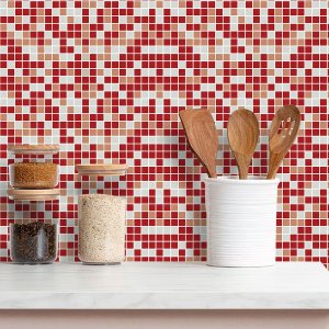 Papel de Parede Adesivo Pastilha Tons Vermelho e Cinza 12m