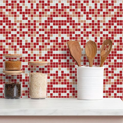Papel de Parede Adesivo Pastilha Tons Vermelho e Cinza 12m