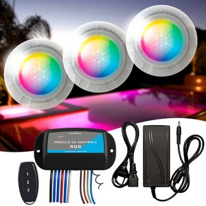 Kit Led Colorido RGB para Piscina 3 Refletores 9W e Módulo de Comando e Controle Remoto - Luxpool