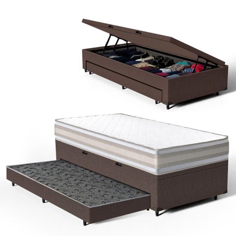 Cama Box Baú com Colchão de Espuma D33 Double Face Territory Hellen + Auxiliar Solteiro 88cm