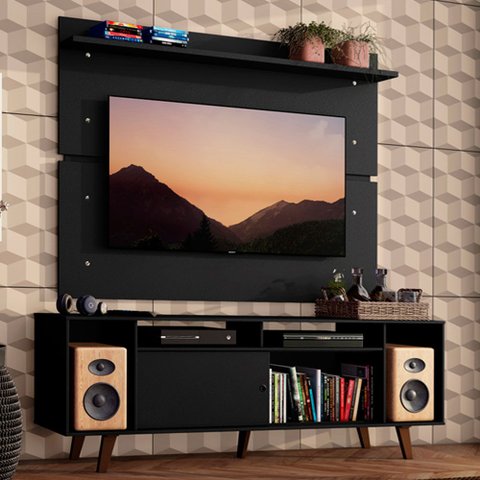 Rack Madesa Cancun com Pés e Painel para TV até 65 Polegadas Preto/Preto 8ND8 Cor:Preto/Preto/Rustic