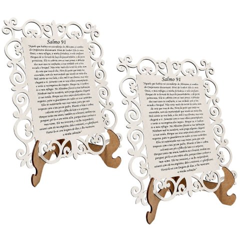 Kit 2 Quadro Decorativa MDF 20cm x 28cm para Sala de Estar Salmo 91 M01 Branco e Cru - Annie Decor