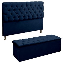 Conjunto Cabeceira e Recamier Baú Lana para Cama Box Casal 1.40 - Sv Decor:azul Marinho - 1