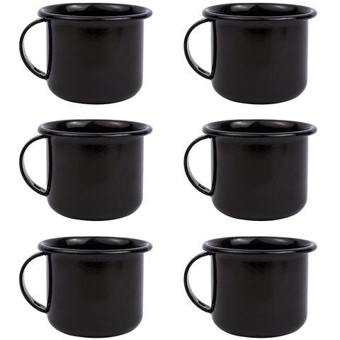 Jogo 6 Canecas Esmaltadas Pequenas Pretas Com Alças 90ml Xícaras Ágata Para Café