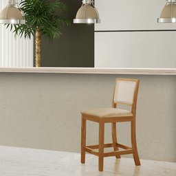 Banqueta Alta Luxo em Tela Sextavada Assento Estofado Linho Bege Rubi Madeira Maciça Mel - 2